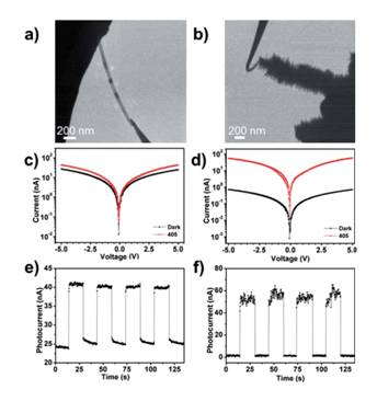 圖4：（a）（b）分別對(duì)應(yīng)CdS納米帶和CdS/ZnO異質(zhì)結(jié)安置在原位光學(xué)-光纖樣品桿中的TEM圖像。（c）（d）分別對(duì)應(yīng)CdS納米帶和CdS/ZnO異質(zhì)結(jié)I-V曲線的開(kāi)關(guān)特性。（e）（f）分別對(duì)應(yīng)CdS納米帶和CdS/ZnO異質(zhì)結(jié)對(duì)周期性光信號(hào)的響應(yīng)特性。