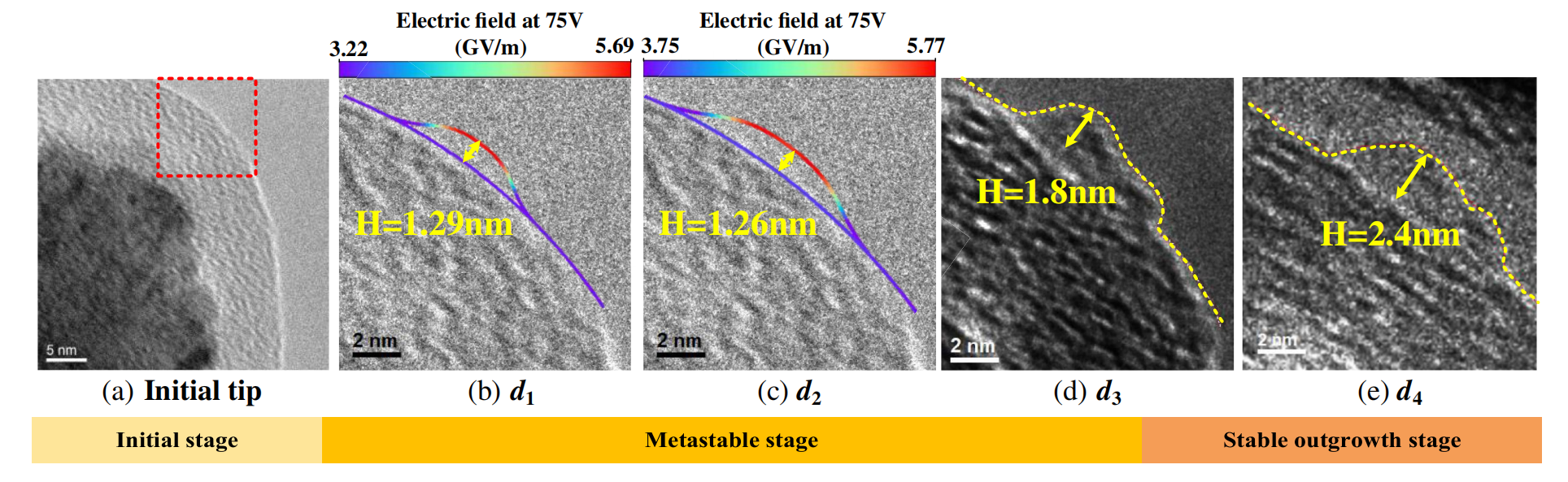 場致納米突起產生與生長示意圖 場致納米突起產生與生長示意圖